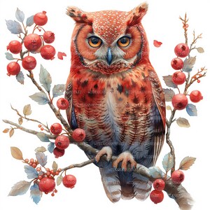 Könnte beinhalten: Eine rot-braune Eule sitzt auf einem Ast mit roten Beeren. Die Eule hat gelbe Augen und ein detailliertes Federmuster.