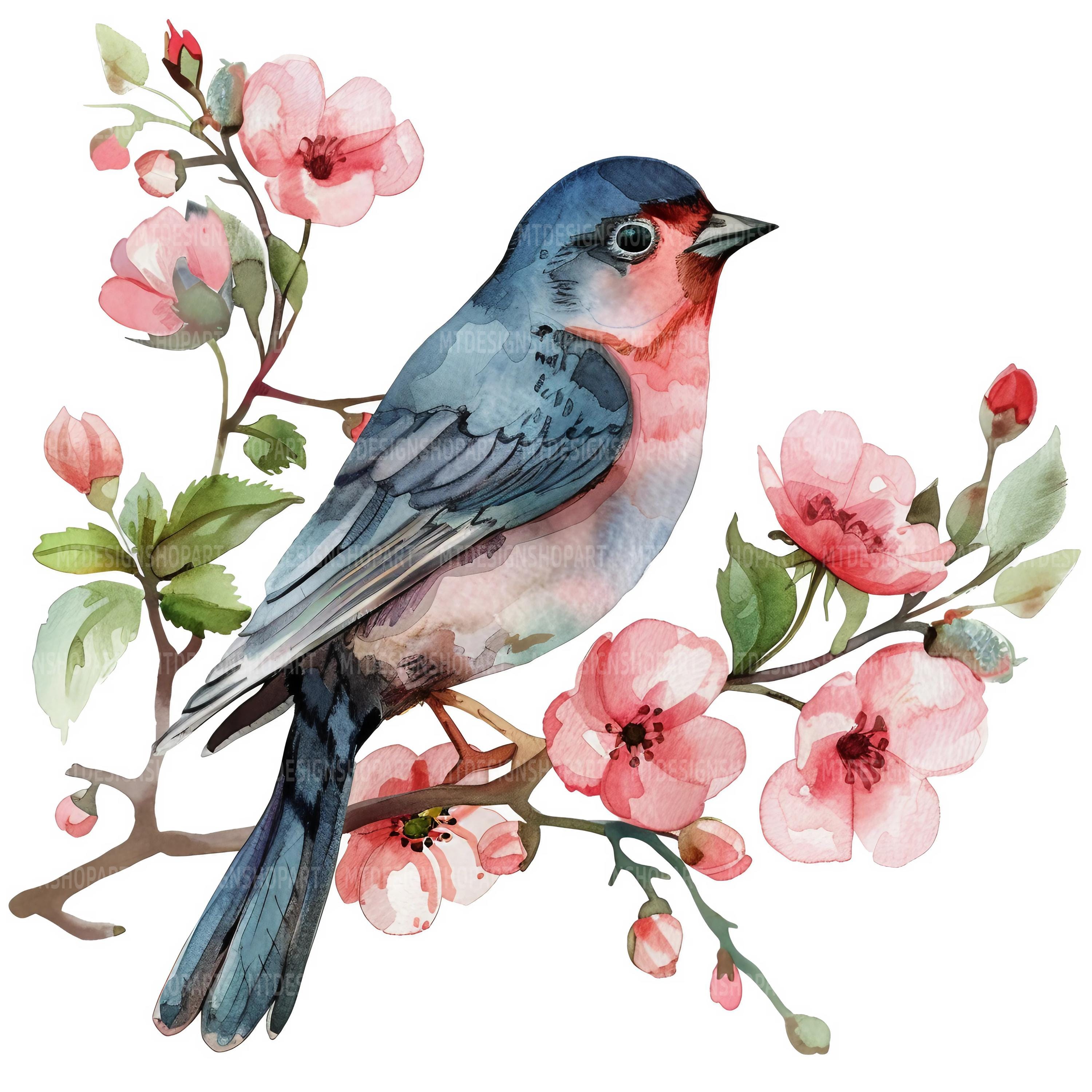 花と鳥のデザインアートプリント 花と鳥の水彩画クリップアート：ピンクの花のデザイン（デジタル