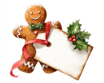 21 Gingerbread Man With Card Clipart, Christmas Gingerbread, Printable Watercolor Clipart, High Quality JPGs, Digital Download Wall Art