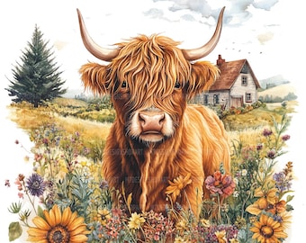 Highland Kuh Aquarell Clipart 3 Bilder - 3 Bilder Download (JPG Digital Download)