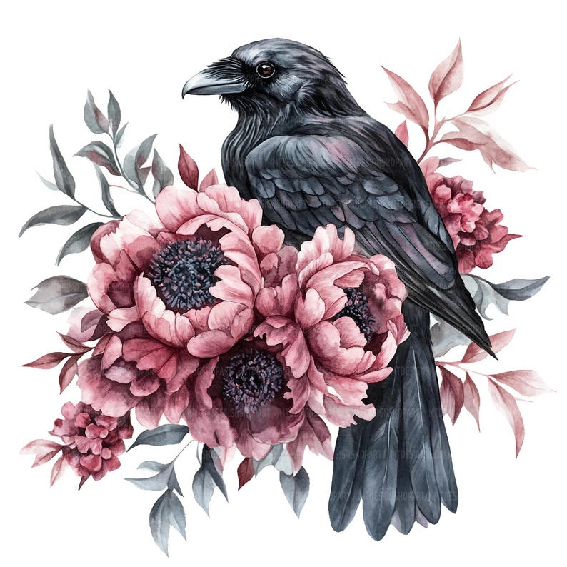 May include: A black raven perched on a bouquet of pink peonies with green leaves. The raven has a dark gray beak and black feathers. The peonies are a deep pink color with a darker pink center.