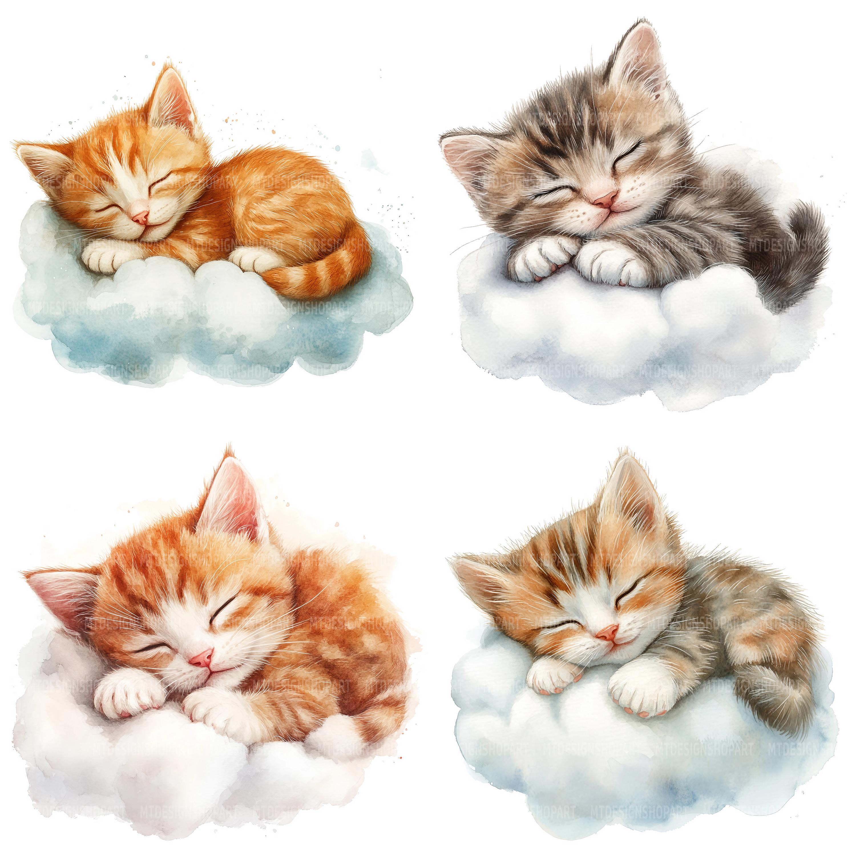 雲の中で眠る子猫のクリップアート16点、子猫のクリップアート、印刷