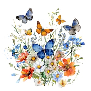 24 Borboletas e flores silvestres Clipart, Flores silvestres Clipart, Clipart de aquarela para impressão, Artesanato em papel, JPGs de alta qualidade, Download digital