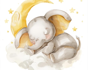 18 Sleeping Baby Elephant Clipart, Nursery Clipart, Yellow Elephant, Printable Watercolor, High Quality JPGs, Digital Download Wall Art