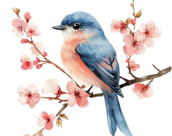 20 Bird on Cherry Blossom Branch Clipart Set 1, Bird Clipart, Printable Watercolor Clipart, Paper Craft, High Quality JPGs, Digital Download