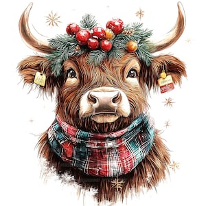 12 kerst Highland Cow clipart, koe kunst, kerstkaart, afdrukbare aquarel clipart, Paper Craft, hoge kwaliteit JPG&#39;s, digitale download