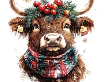12 Christmas Highland Cow Clipart, Cow Art, Christmas card, Printable Watercolor Clipart, Paper Craft, High Quality JPGs, Digital Download