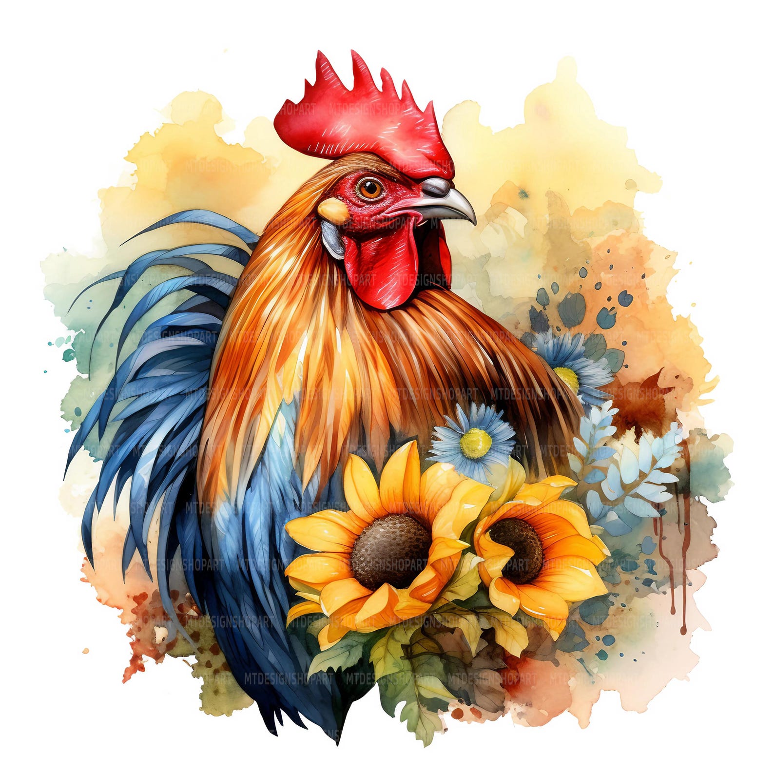 Rooster Fall Graphics 19 Rooster Sunflowers Clipart, Fall Flowers, Printable Watercolor ...