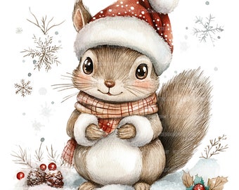 24 Christmas Squirrel Clipart, Squirrel Clipart, Printable Watercolor Clipart, Paper Craft, High Quality JPGs, Digital Download