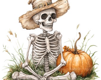 16 Skeleton with Pumpkin Clipart, Halloween Skeleton Pumpkin,  Printable Watercolor Clipart, Paper Craft, Junk Journals, High Quality JPGs