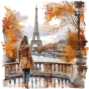 10 femme à Paris des cliparts, des cliparts automne, le pont de Paris, des cliparts aquarelle imprimable, créations en papier, JPG de haute qualité, téléchargement numérique