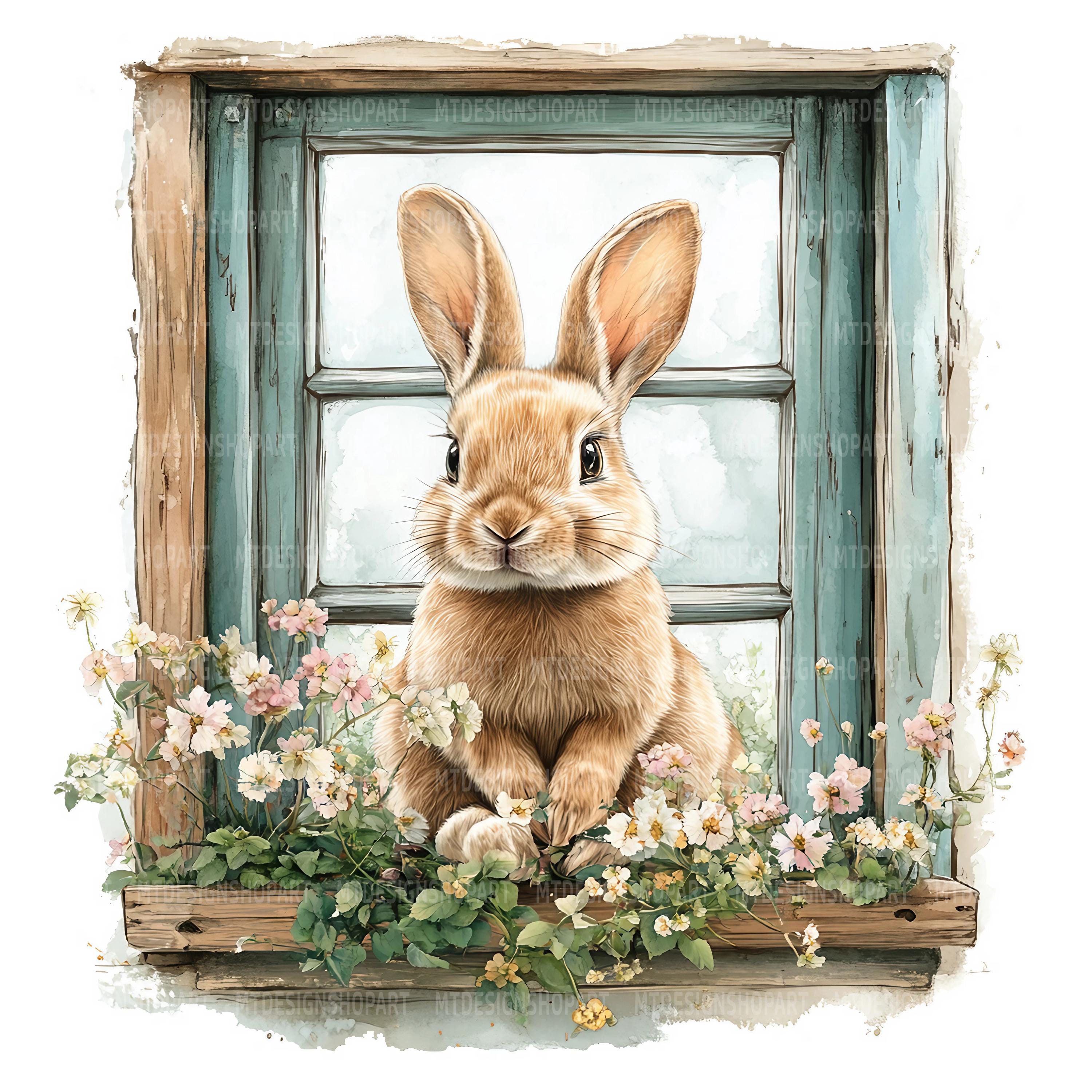 18 Bunny Window Clipart, Floral Rabbit, Printable Watercolor Clipart ...