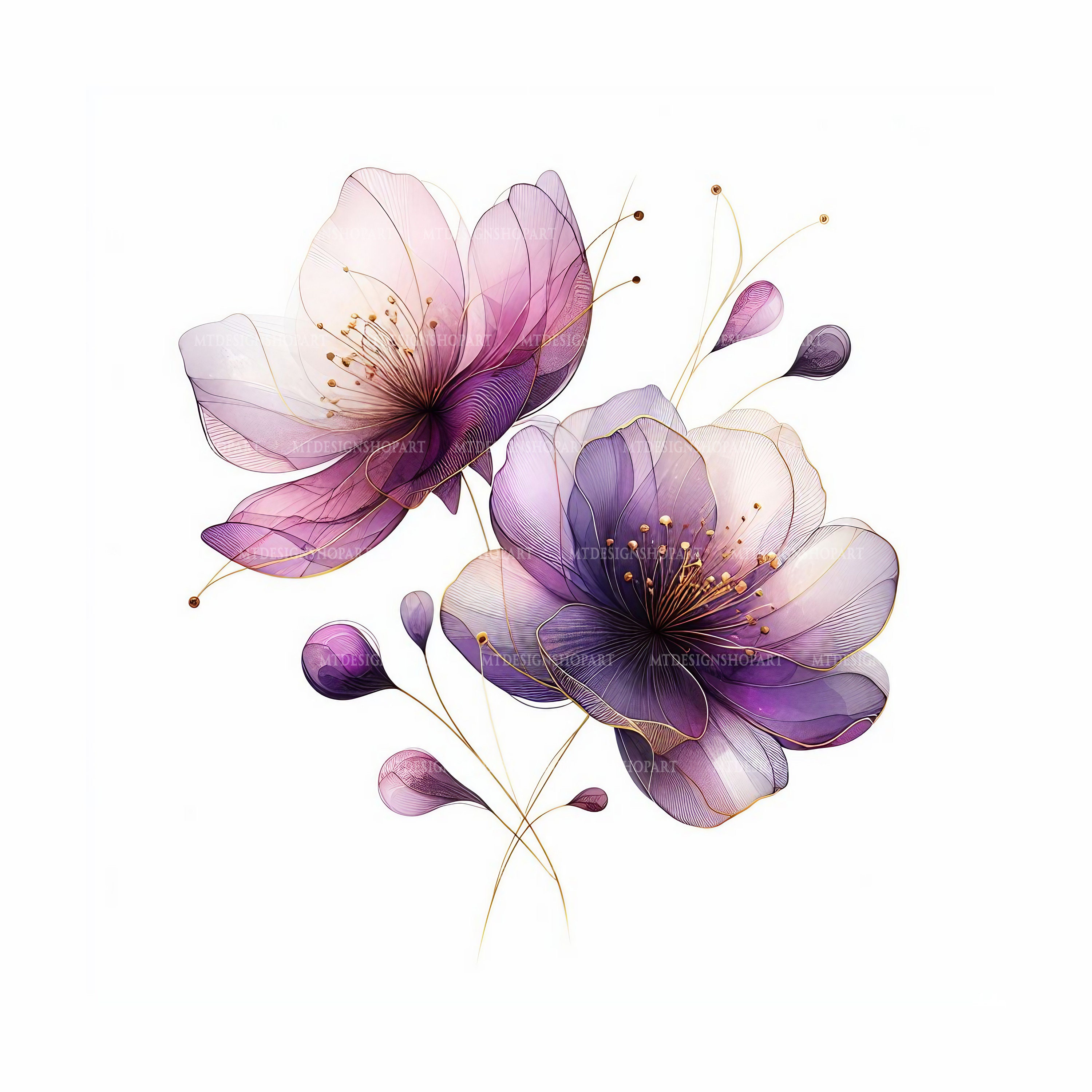 15 Abstract Flowers Clipart, Two Purple Flowers, Printable Watercolor ...