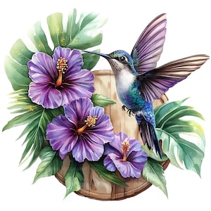 May include: A watercolor painting of a hummingbird with blue and green feathers perched on a wooden disc surrounded by purple hibiscus flowers and green leaves.
