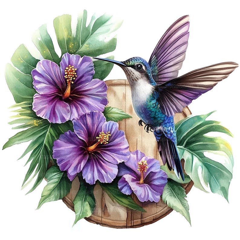 May include: A watercolor painting of a hummingbird with blue and green feathers perched on a wooden disc surrounded by purple hibiscus flowers and green leaves.