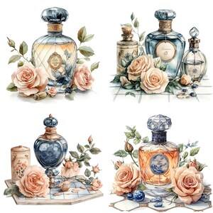 May include: Four vintage perfume bottles with blue and gold accents, surrounded by delicate pink roses and green leaves. The bottles are on a white background with a checkered pattern.