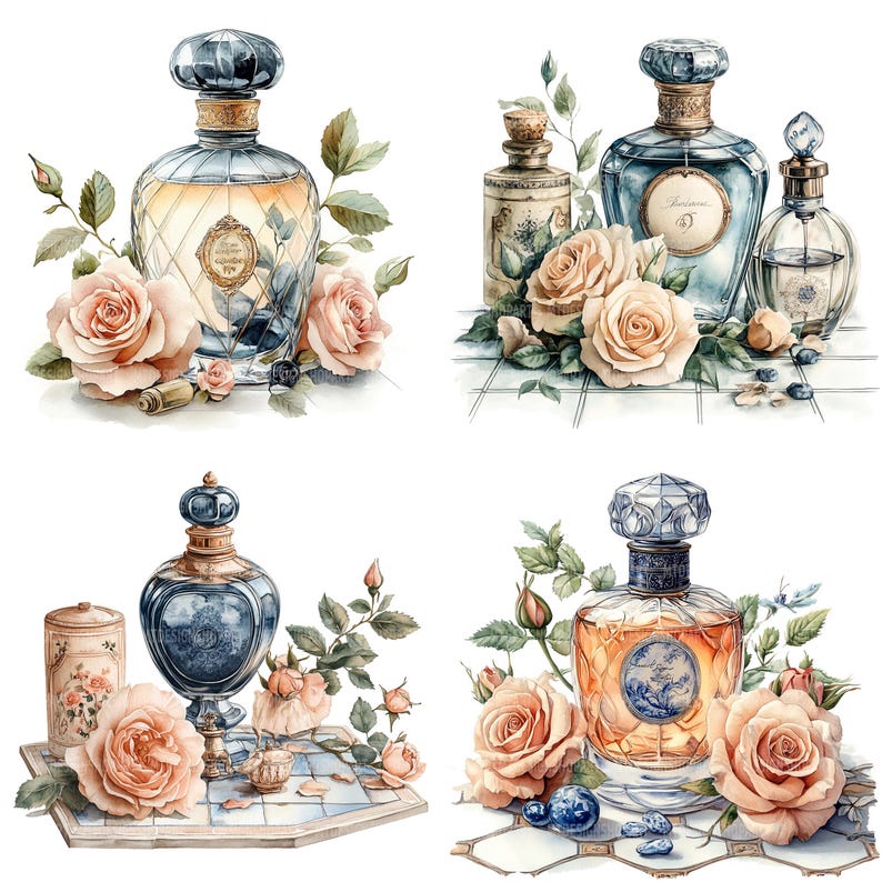 May include: Four vintage perfume bottles with blue and gold accents, surrounded by delicate pink roses and green leaves. The bottles are on a white background with a checkered pattern.