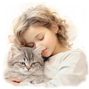 15 jongen en kitten clipart, kattenlandschap, schattige jongen clipart, afdrukbare aquarel clipart, Paper Craft, hoge kwaliteit jpg's, digitale download