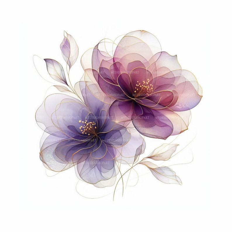 15 Abstract Flowers Clipart, Two Purple Flowers, Printable Watercolor ...