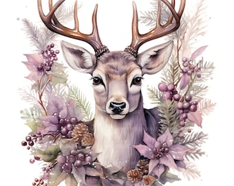 15 Christmas Deer Clipart, Purple Reindeer, Printable Watercolor Clipart, Paper Craft, Junk Journals, High Quality JPGs, Digital Download
