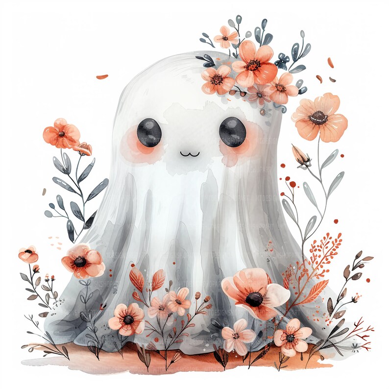 24 Floral Ghost Clipart, Halloween Ghost, Flowers Clipart, Printable ...