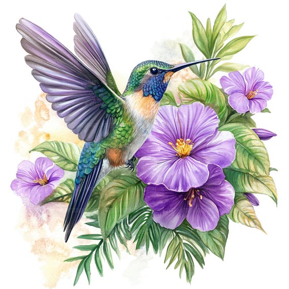 13 Tropical Hummingbird Clipart, Colibri and Purple Flowers, Printable Watercolor Clipart, Paper Craft, High Quality JPGs, Digital Download