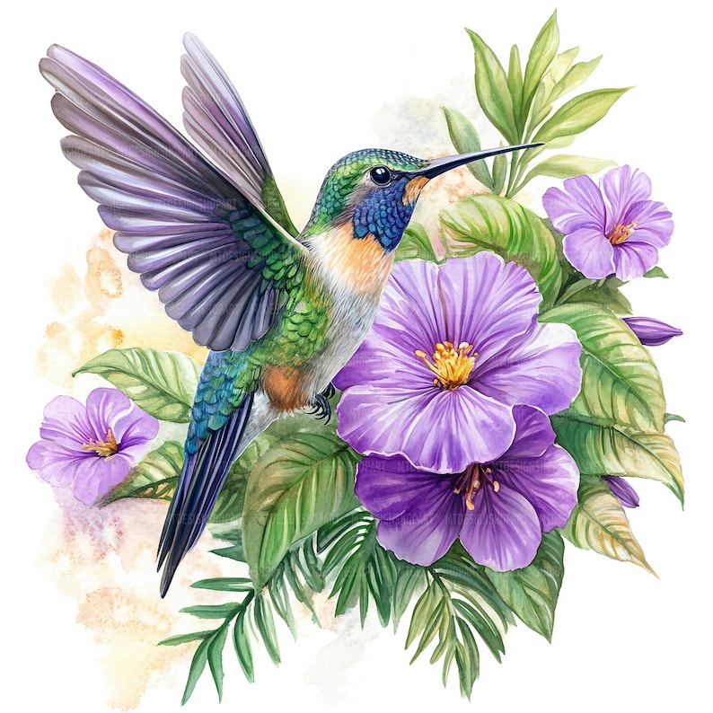 May include: A watercolor painting of a hummingbird with green, blue, and brown feathers, hovering near purple flowers with yellow centers. The hummingbird has a long, thin beak and is in flight. The flowers are surrounded by green leaves.