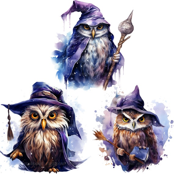 魔法使いのフクロウのクリップアート14点、魔法のフクロウ、印刷可能な