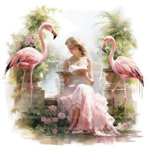 14 Frau liest Buch Clipart, Flamingo Clipart, Frau Clipart, druckbare Aquarell Clipart, Papierwesen, hohe Qualität JPG, digitaler Download