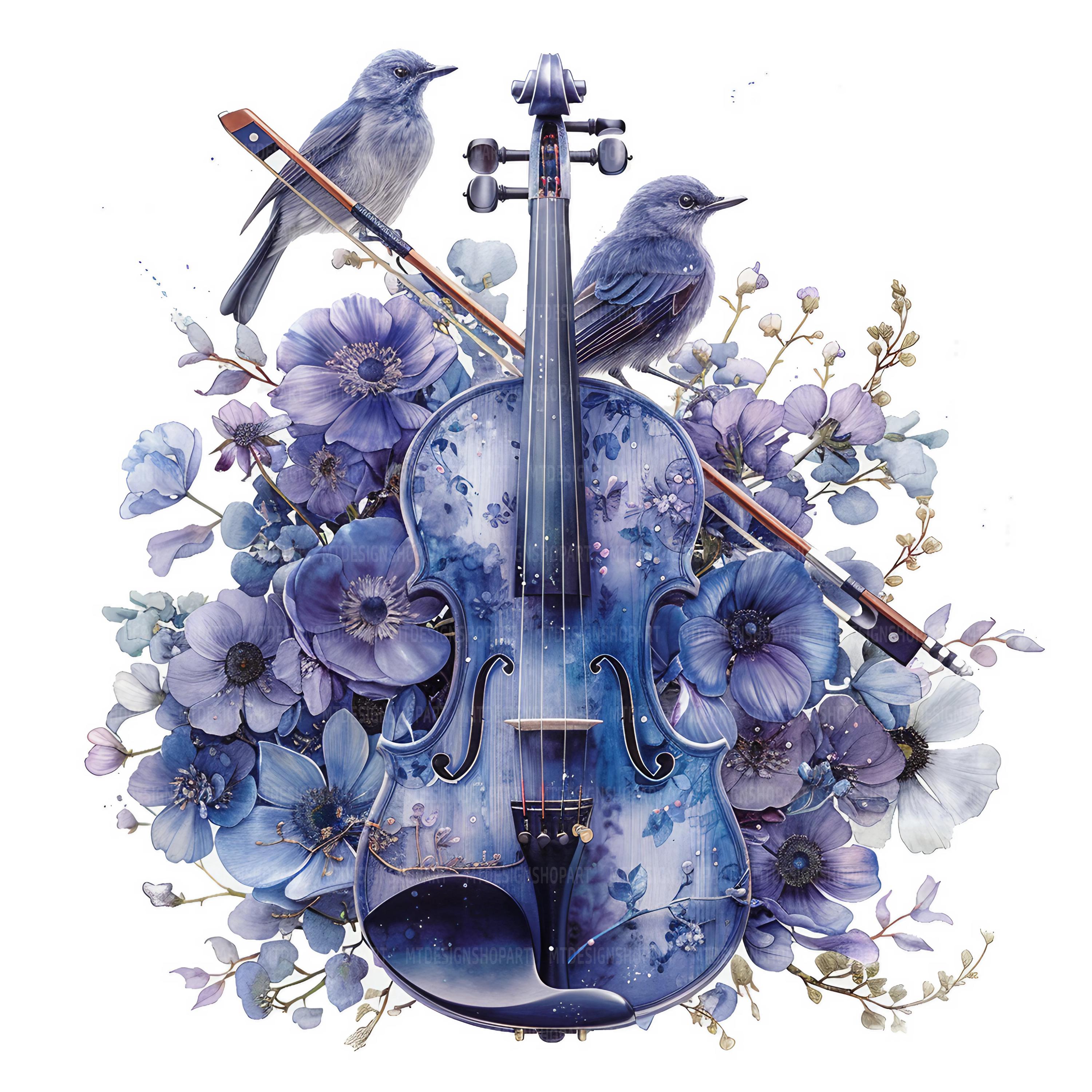 18 Floral Violin Clipart, Purple Violin, Flowers and Birds