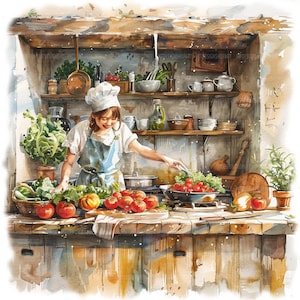 10 Cuoco felice in campagna Clipart, Clipart donna in cucina, Clipart acquerello, Mestieri di carta, JPG di alta qualità, Download digitale