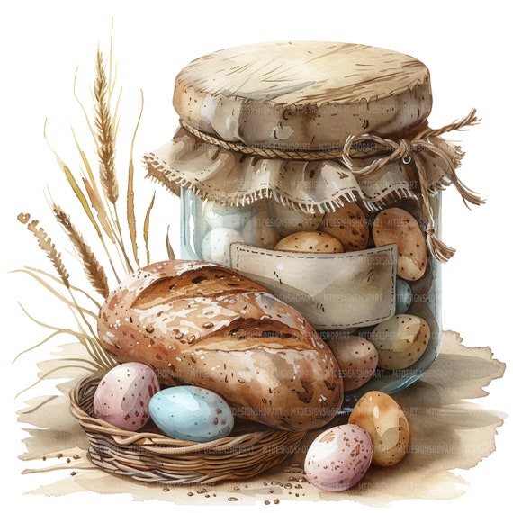 15 Rustic Jar Clipart, Rustic Bread Clipart, Easter Eggs, Watercolor Clipart, Paper Crafts, High Quality JPGs, Digital Download