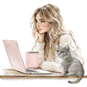 16 Imágenes prediseñadas de mujer con computadora portátil y gato, imágenes prediseñadas de mujer, imágenes prediseñadas de acuarela imprimibles, manualidades de papel, archivos JPG de alta calidad, descarga digital