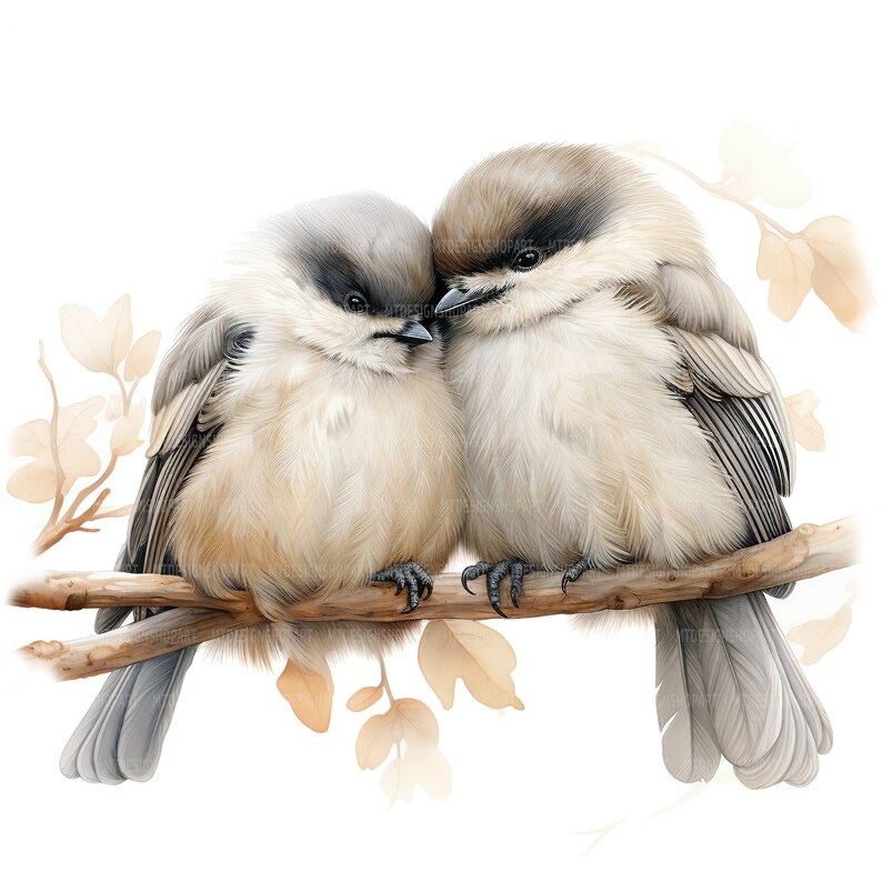 May include: Two small, fluffy, gray and white birds are perched on a branch with brown leaves. The birds are cuddling together, with their heads touching. The background is white.