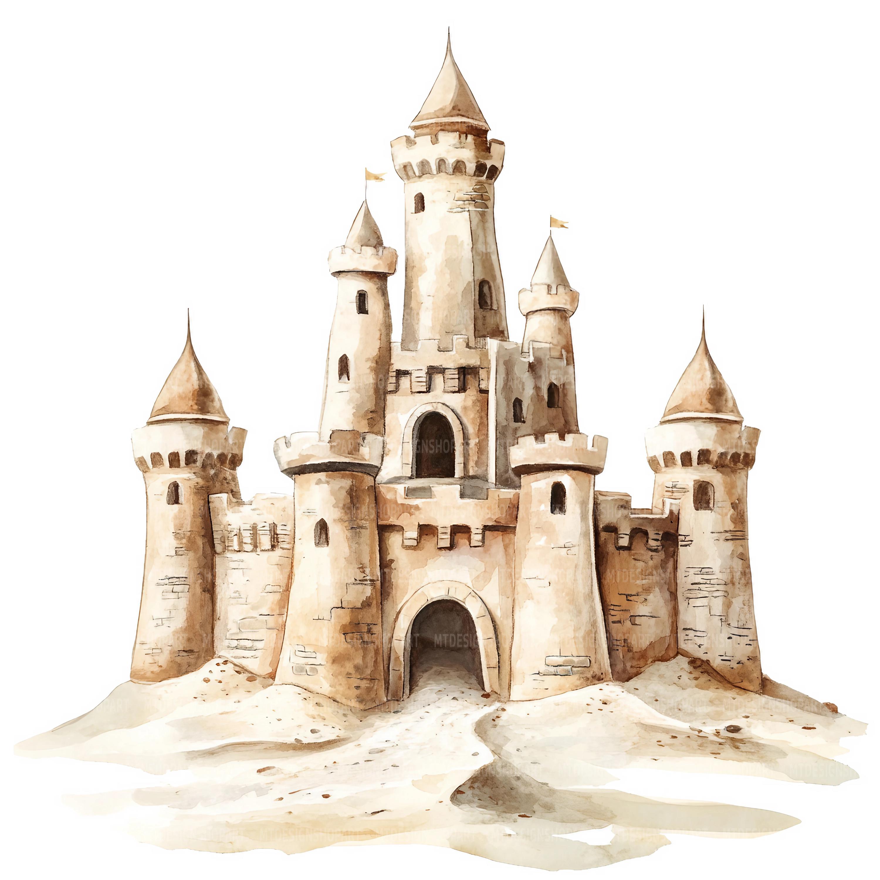 19 Watercolor Sand Castle Clipart, JPG, Cartoon Castle, Paper