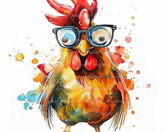 10 Funny Chicken Clipart Bundle, Printable Watercolor Clipart, Paper Craft, Junk Journals, High Quality JPGs, Digital Download