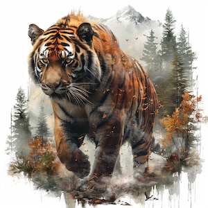 11 Tiger Walking Clipart, Beautiful Tiger Landscape, Printable Watercolor Clipart, High JPGs, Paper Craft, Junk Journal, Digital download