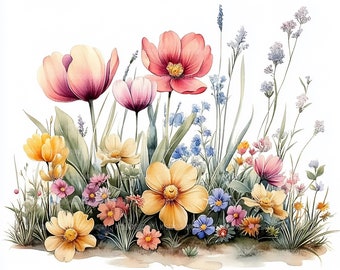 17 Clipart di fiori selvatici, Clip art di fiori selvatici, Clipart di acquerelli stampabili, Lavoretti di carta, Diari spazzatura, JPG di alta qualità, Download digitale