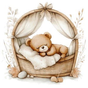 22 śpiący miś Clipart, Miś Clipart, Wydrukowalny akwarelowy Clipart, Papierowe rzemiosło, Wysokiej jakości JPG, Pobieranie cyfrowe
