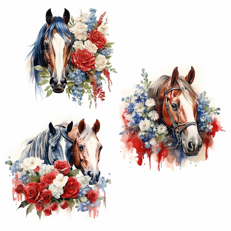 12 Floral Horses Clipart, Horses Clipart, Flowers Clipart, Printable ...