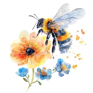 24 Bees in Flowers Clipart, Bees Clipart, Printable Watercolor Clipart, Paper Craft, Junk Journals, High Quality JPGs, Digital Download