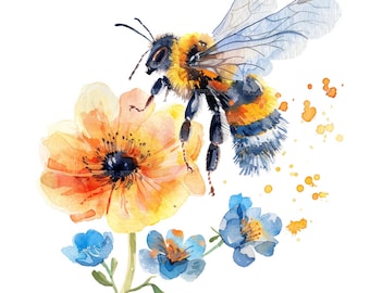 24 Bees in Flowers Clipart, Bees Clipart, Printable Watercolor Clipart, Paper Craft, Junk Journals, High Quality JPGs, Digital Download
