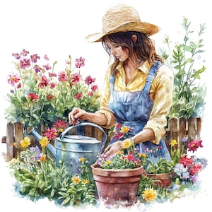 19 imágenes prediseñadas de mujer regando flores, jardinería, acuarela imprimible, manualidades de papel, revistas basura, archivos JPG de alta calidad, descarga digital