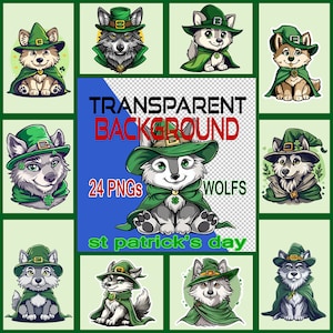 May include: A set of 24 digital clipart images featuring cartoon wolves dressed in green leprechaun hats and cloaks. The images are perfect for St. Patrick's Day crafts and projects.