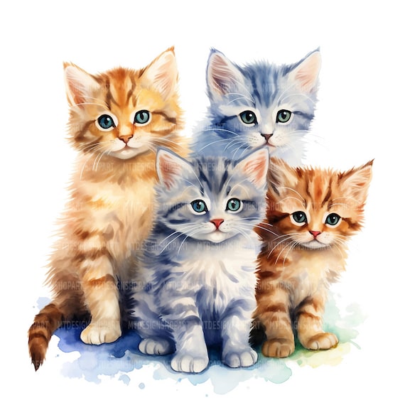 水彩画の子猫のクリップアート：猫の家族、ジャンクジャーナル