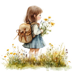 15 Clipart di ragazze della scuola, Pacchetto di ritorno a scuola, Clipart di acquerelli stampabili, Artigianato di carta, Diari spazzatura, JPG di alta qualità, Download digitale
