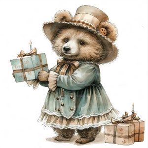 14 Bear with Gift  Clipart, Bear in Christmas Clothes Clip Art, Printable Watercolor Clipart, High Quality JPGs, Digital Download