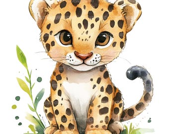 Baby Leopard Watercolor Clipart: Cheetah Print Art (Digital Download, JPGs 4096x4096px)