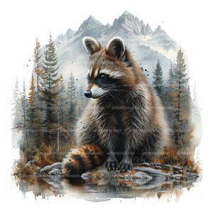 Op de afbeelding: Een wasbeer die op een rots zit bij een klein waterlichaam in een bosrijke omgeving. De wasbeer kijkt naar links van de afbeelding. De achtergrond toont een aquarel-achtige weergave van een bergketen en bomen.