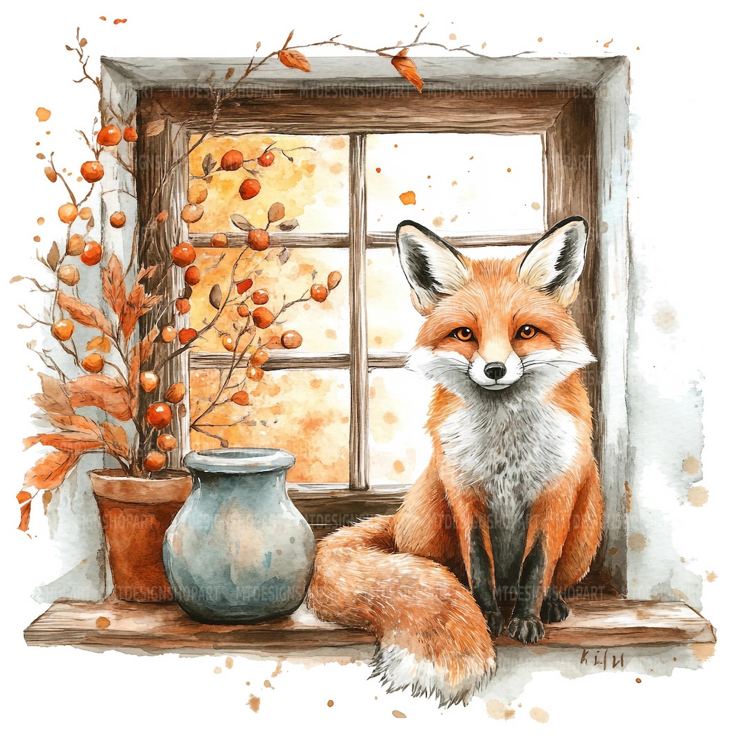 19 Fox Window Clipart, Fox on Window, Printable Watercolor Clipart ...